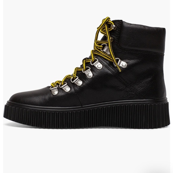 Nordstrom Lisa Vicky Leather moto combat boot black yellow laces size 7 - Picture 2 of 8